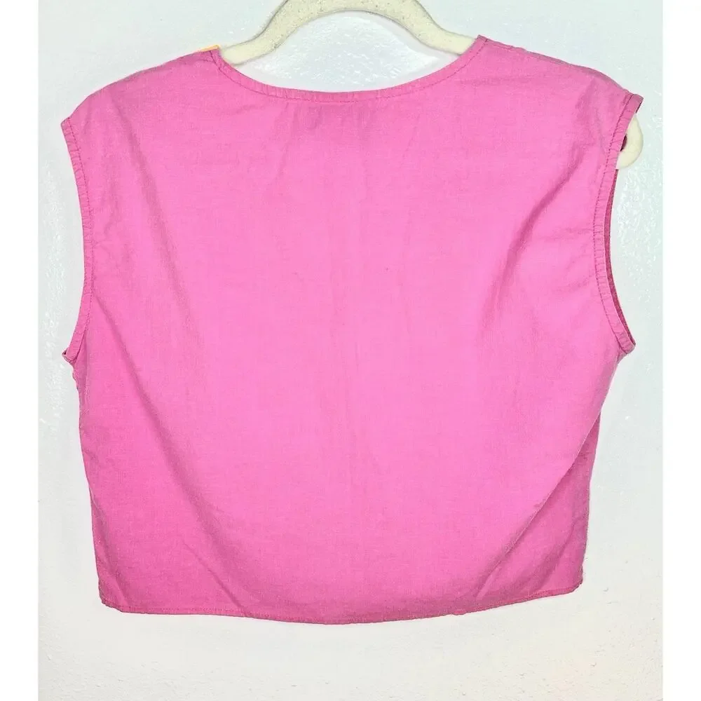 Vtg 80s Pbj Sport Pink Sleeveless Pink Crop Top With Button Accent Cotton Size 7